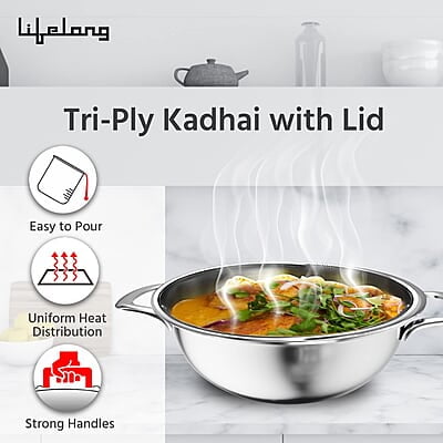 Lifelong LLTPDK004 Triply Deep Kadai with Riveted Handles with Stainless Steel Lid 2.1 litres Capacity 22 cm Lifelong LLTPDK004 Triply Deep Kadai with Riveted Handles with Stainless Steel Lid 2.1 litres Capacity 22 cm