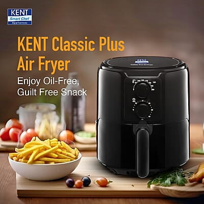 KENT Classic Plus Air Fryer | 1300W Power & 4.2L Capacity | Vapour Steam for Crisp Frying, Grill, Roast, Steam & Bake | Auto Cut-Off | 80% Less Oil | High Temperature & Uniform Heating | Black KENT Classic Plus Air Fryer | 1300W Power & 4.2L Capacity | Vapour Steam for Crisp Frying, Grill, Roast, Steam & Bake | Auto Cut-Off | 80% Less Oil | High Temperature & Uniform Heating | Black