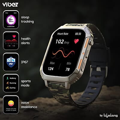 Vibez by Lifelong Trooper Smart Watch for Men 2.02” Always On Display AMOLED, 550 NITS, 60Hz Refresh Rate Vibez by Lifelong Trooper Smart Watch for Men 2.02” Always On Display AMOLED, 550 NITS, 60Hz Refresh Rate