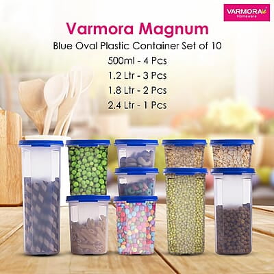Varmora Magnum Oval Storage Containers Organised Kitchen Stackable Durable For Pulses, Rice, Dal, Atta, Flour, Cereals, Snacks, Set of 10 Varmora Magnum Oval Storage Containers Organised Kitchen Stackable Durable For Pulses, Rice, Dal, Atta, Flour, Cereals, Snacks, Set of 10