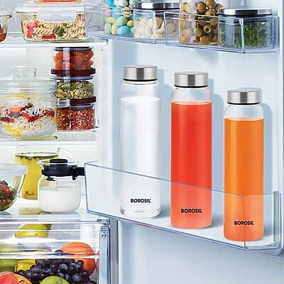 Borosil Crysto Glass Water Bottle, Water Bottle for Fridge, Wide Mouth, Silver Lid, Extreme Temperature Resistant, For Hot & Cold Water, Milk, Lassi, Juice, SS Lid, 1 L, Stylish & Transparent Borosil Crysto Glass Water Bottle, Water Bottle for Fridge, Wide Mouth, Silver Lid, Extreme Temperature Resistant, For Hot & Cold Water, Milk, Lassi, Juice, SS Lid, 1 L, Stylish & Transparent