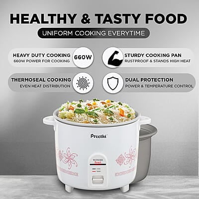 Preethi Electric Rice Cooker, 1.8 Litre, Double Pan, Anodized and Rustproof Aluminium Pan Preethi Electric Rice Cooker, 1.8 Litre, Double Pan, Anodized and Rustproof Aluminium Pan