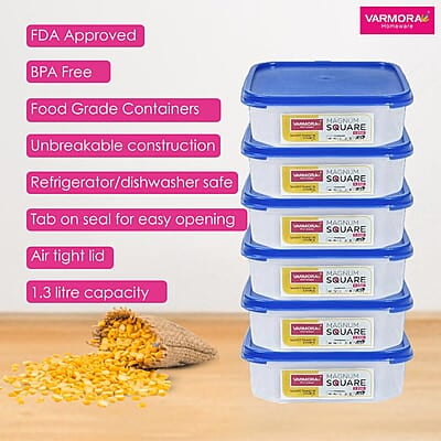 Varmora Magnum Square Smart Kitchen Storage Plastic Container – Blue Lid (1.3 Litres)(Pack of 4) Varmora Magnum Square Smart Kitchen Storage Plastic Container – Blue Lid (1.3 Litres)(Pack of 4)