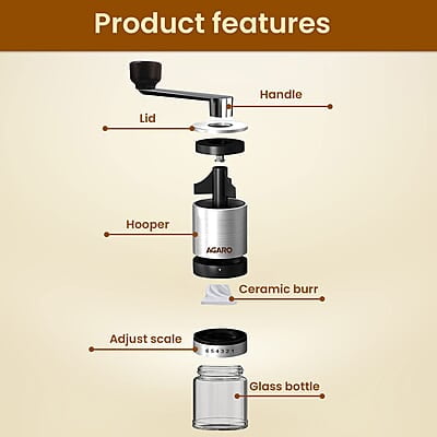 AGARO Elite Manual Coffee Grinder, Ceramic Grinder with Glass jar, 6 Adjustable Settings, Stainless Steel Body AGARO Elite Manual Coffee Grinder, Ceramic Grinder with Glass jar, 6 Adjustable Settings, Stainless Steel Body