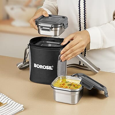 Borosil Feast Stainless Steel Lunch Box with Bag | Set of 3 (520 ml x 1 + 400 ml x 1 + 250 ml x 1), Square Borosil Feast Stainless Steel Lunch Box with Bag | Set of 3 (520 ml x 1 + 400 ml x 1 + 250 ml x 1), Square