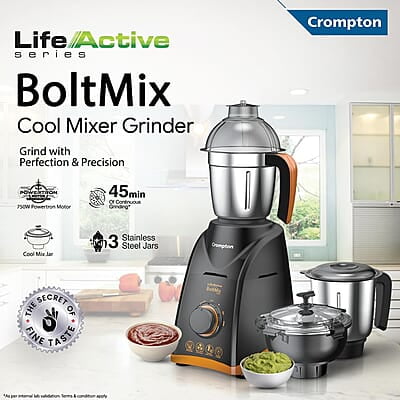 Crompton Boltmix Cool 750 W Mixer grinder with 3 Jars (3 stainless steel Jars, Cool Mix Chutney Jar with Casing)