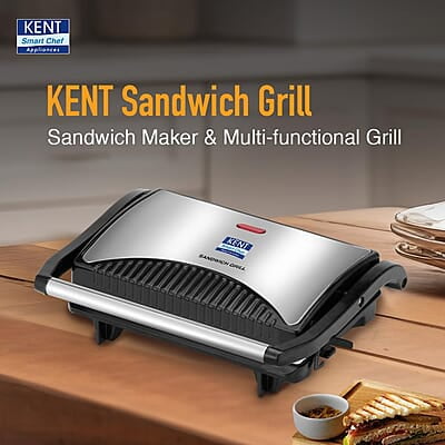 KENT 16025 Sandwich Grill 700W | Non-Toxic Ceramic Coating | Automatic Temperature Cut-off with LED Indicator | Adjustable Height Control, Metallic Silver, Standard