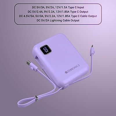 ZEBRONICS MW64 Compact Power Bank, 10000 mAh, Rapid Charge, 22.5W Output, Outputs - Type C Cable | Type C Port | Lightning Port, Percentage Indicator ZEBRONICS MW64 Compact Power Bank, 10000 mAh, Rapid Charge, 22.5W Output, Outputs - Type C Cable | Type C Port | Lightning Port, Percentage Indicator