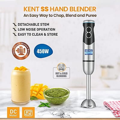 Kent Ss Hand Blender 450W | Variable Speed Control | Turbo Switch For Fast Blending | Detachable Shaft For Easy Cleaning | Hot & Cold Blending | Low Noise Dc Motor - Stainless Steel, 450 Watts, Silver Kent Ss Hand Blender 450W | Variable Speed Control | Turbo Switch For Fast Blending | Detachable Shaft For Easy Cleaning | Hot & Cold Blending | Low Noise Dc Motor - Stainless Steel, 450 Watts, Silver
