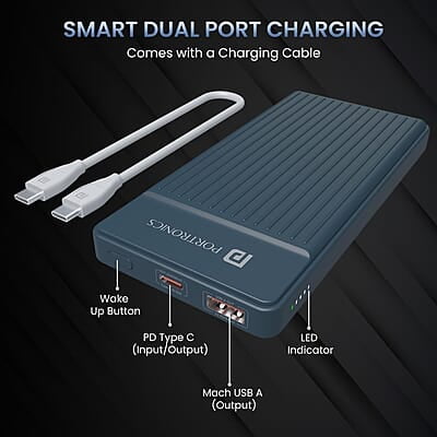 Portronics Luxcell B 10K 10000 mAh 22.5W Fast Charging Power Bank, Ultra Slim Power Bank with Mach USB-A Output, Type C PD Output Portronics Luxcell B 10K 10000 mAh 22.5W Fast Charging Power Bank, Ultra Slim Power Bank with Mach USB-A Output, Type C PD Output