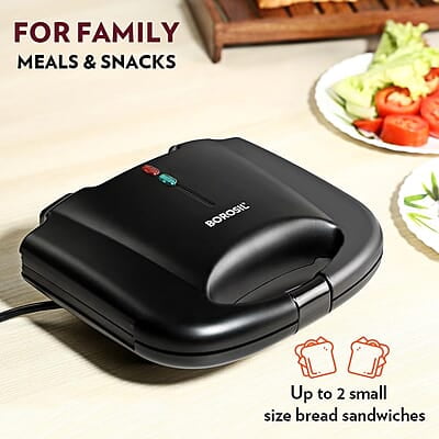 Borosil Klassy 800 Watt Sandwich Maker, 2 Slice Sandwich Maker, Non-stick Nontoxic plates opens 90°, BPA & PTFE Free