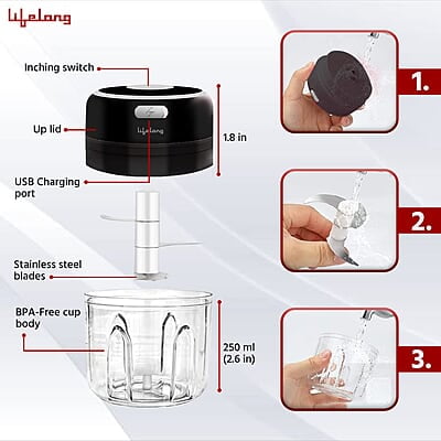 Lifelong USB Rechargeable Wireless Electric Chopper with Stainless Steel Blades 250 ML (Black) 30 Watts Lifelong USB Rechargeable Wireless Electric Chopper with Stainless Steel Blades 250 ML (Black) 30 Watts