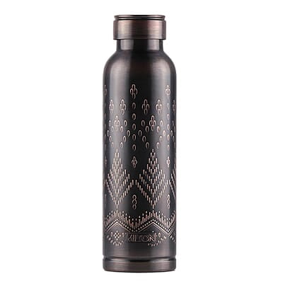 MILTON Copper Swasth Water Bottle, 940 ml, Black Ethnic Lacquer Coating, Curved bottle