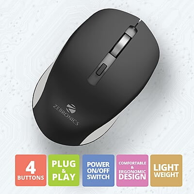 ZEBRONICS Zeb-Jaguar Wireless Mouse, 2.4GHz with USB Nano Receiver, High Precision Optical Tracking, 4 Buttons, Plug & Play, Ambidextrous, for PC/Mac/Laptop