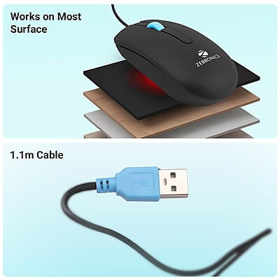 ZEBRONICS Juggle Wired Optical Mouse with 3 Buttons, High Precision, 1200 DPI, Works on Most Surfaces, USB Interface, 1m Cable Length