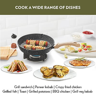 Borosil Vajra Die-Cast Non-Stick Aluminium Round Grill Fry Pan, Frying Pan with Ridges, Black with Wood-Finish Handles, 240 mm Wide, 5 mm Thick Borosil Vajra Die-Cast Non-Stick Aluminium Round Grill Fry Pan, Frying Pan with Ridges, Black with Wood-Finish Handles, 240 mm Wide, 5 mm Thick