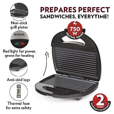 Borosil Neo Grill 2.0, 750 Watt, Bread Sandwich Maker, Makes 2 Sandwiches, Non-stick Grill plates opens 105°, For Snacks and Breakfast Borosil Neo Grill 2.0, 750 Watt, Bread Sandwich Maker, Makes 2 Sandwiches, Non-stick Grill plates opens 105°, For Snacks and Breakfast