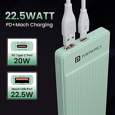Portronics Luxcell B 10K 10000 mAh 22.5W Fast Charging Power Bank, Ultra Slim Power Bank with Mach USB-A Output, Type C PD Output Portronics Luxcell B 10K 10000 mAh 22.5W Fast Charging Power Bank, Ultra Slim Power Bank with Mach USB-A Output, Type C PD Output