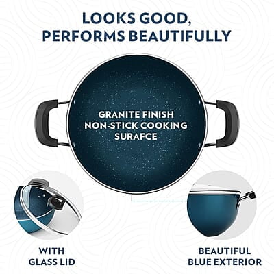 Borosil ProChef Non-Stick Aluminum Kadhai with Lid 22 cm | Gas Stove Compatible, Thick Uniform Body for Even Heating, Dishwasher Safe | 5 Layer Nonstick Coating, PFOA Free | 1 Year Warranty | Blue Borosil ProChef Non-Stick Aluminum Kadhai with Lid 22 cm | Gas Stove Compatible, Thick Uniform Body for Even Heating, Dishwasher Safe | 5 Layer Nonstick Coating, PFOA Free | 1 Year Warranty | Blue