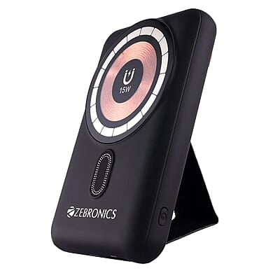 ZEBRONICS MW62 Wireless Power Bank, 10000 mAh, Rapid Charge, Built-in Wireless Charging Pad, Outputs - 22W Wired | 15W Wireless, Type C I/O | USB Output, Built-in Foldable Stand