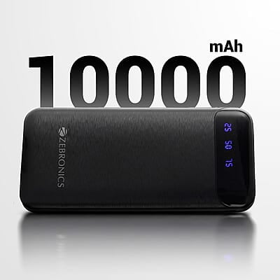 ZEBRONICS MB10000S4 Power Bank, 10000 mAh, 12W, Dual USB Output, Type C & Micro USB Input, Built in Protections, Percentage LED Display, Included USB to Type C Cable ZEBRONICS MB10000S4 Power Bank, 10000 mAh, 12W, Dual USB Output, Type C & Micro USB Input, Built in Protections, Percentage LED Display, Included USB to Type C Cable