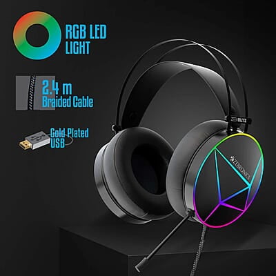 ZEBRONICS Zeb-Blitz USB Gaming Wired On Ear Headphones with Mic with Dolby Atmos, RGB Led, Windows Software, Simulated 7.1 Surround Sound, 2.4 Meter Braided Cable Flexible Padded Ear Cushions ZEBRONICS Zeb-Blitz USB Gaming Wired On Ear Headphones with Mic with Dolby Atmos, RGB Led, Windows Software, Simulated 7.1 Surround Sound, 2.4 Meter Braided Cable Flexible Padded Ear Cushions