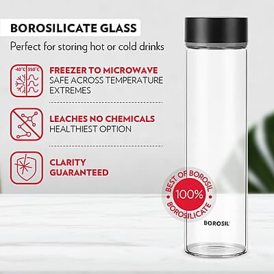 Borosil Neo Glass Water Bottle with Black Stainless Steel Lid | 550ml, Borosilicate Glass, Extreme Temperature Resistant, For Hot & Cold | Bottle for Water, Milk, Lassi, Juice | Transparent (2 pc Set) Borosil Neo Glass Water Bottle with Black Stainless Steel Lid | 550ml, Borosilicate Glass, Extreme Temperature Resistant, For Hot & Cold | Bottle for Water, Milk, Lassi, Juice | Transparent (2 pc Set)