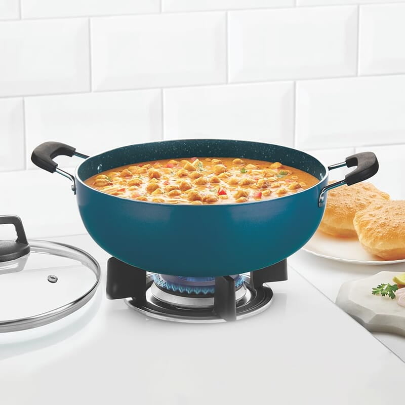 Borosil ProChef Non-Stick Aluminum Kadhai with Lid 22 cm | Gas Stove Compatible, Thick Uniform Body for Even Heating, Dishwasher Safe | 5 Layer Nonstick Coating, PFOA Free | 1 Year Warranty | Blue Borosil ProChef Non-Stick Aluminum Kadhai with Lid 22 cm | Gas Stove Compatible, Thick Uniform Body for Even Heating, Dishwasher Safe | 5 Layer Nonstick Coating, PFOA Free | 1 Year Warranty | Blue