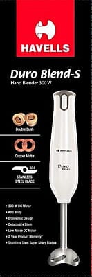 Havells Duro Blend - S Low Noise 300 watt Hand Blender with Detachable Stainless Steel White Havells Duro Blend - S Low Noise 300 watt Hand Blender with Detachable Stainless Steel White