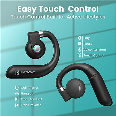 Portronics Harmonics Twins S14 Over Ear OWS Smart Wireless Earbuds with Mic,Secure & Flexible Earhook,15Hrs Playtime Portronics Harmonics Twins S14 Over Ear OWS Smart Wireless Earbuds with Mic,Secure & Flexible Earhook,15Hrs Playtime