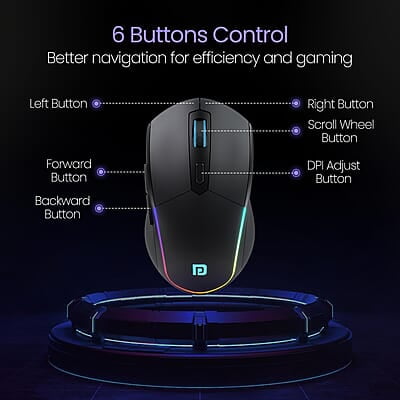 Portronics Toad One Bluetooth Mouse with 2.4 GHz & BT 5.3 Dual Wireless, 6 Buttons, Rechargeable, RGB Lights, Connect 3 Devices, Ergonomic Design for Laptop, Smartphone, Tablet