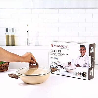 Wonderchef Duralife Die-cast 24 cm Kadhai with lid 5 Layer 2.5 litres Ivory