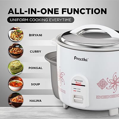 Preethi Electric Rice Cooker, 1.8 Litre, Double Pan, Anodized and Rustproof Aluminium Pan Preethi Electric Rice Cooker, 1.8 Litre, Double Pan, Anodized and Rustproof Aluminium Pan