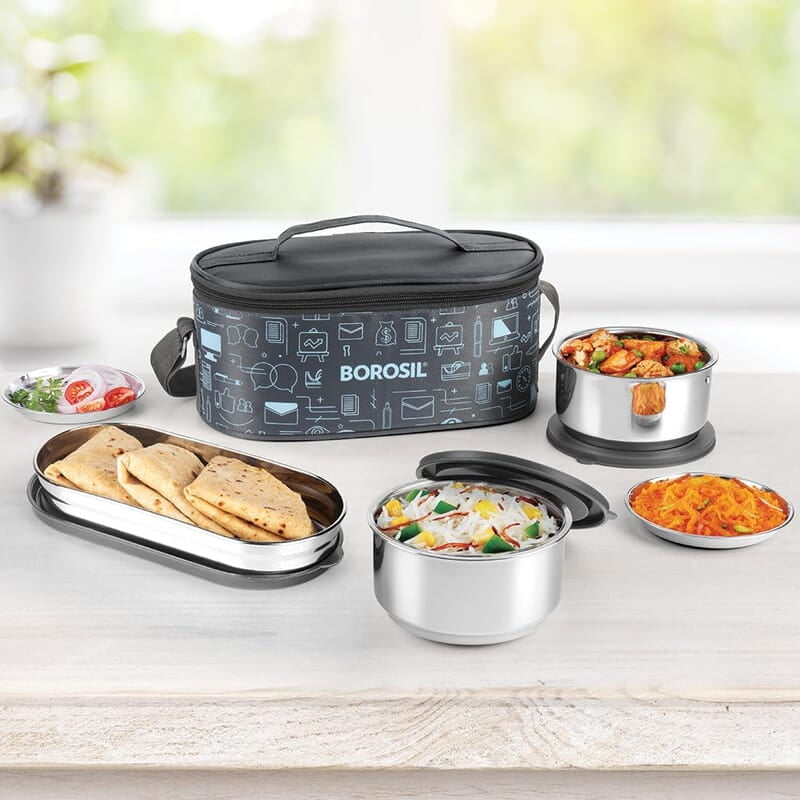 Borosil Carry Fresh Stainless Steel Lunchbox Set of 3 (280ml x 2 Insulated Containers + 475ml Borosil Carry Fresh Stainless Steel Lunchbox Set of 3 (280ml x 2 Insulated Containers + 475ml