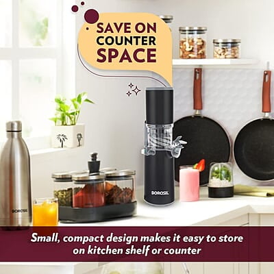 Borosil Easy Juice Cold Press Slow Juicer, Portable Slow Juicer, Compact Design, Less Oxidation, For Fresh Fruits & Vegetables, 130 W Borosil Easy Juice Cold Press Slow Juicer, Portable Slow Juicer, Compact Design, Less Oxidation, For Fresh Fruits & Vegetables, 130 W