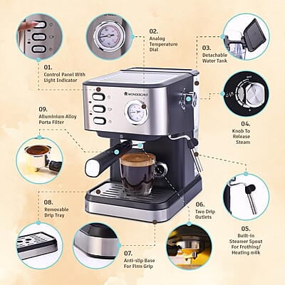 Wonderchef Regenta Espresso Coffee Machine, 19-bar, Make Espressos, Cappuccinos & Lattes at Home