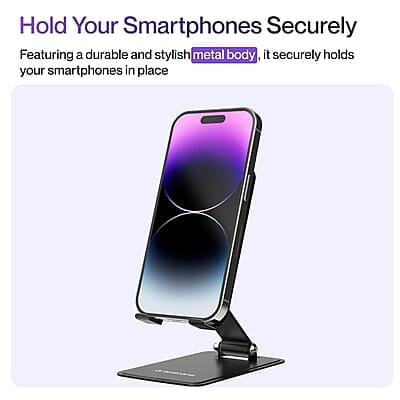 Ambrane Metallic Mobile Holder for All Smartphones, Tabs, Kindle, iPad Mobile Holding Tabletop Stand, 180 Perfect View, Height Adjustment, Foldable Design Twistand Pro Ambrane Metallic Mobile Holder for All Smartphones, Tabs, Kindle, iPad Mobile Holding Tabletop Stand, 180 Perfect View, Height Adjustment, Foldable Design Twistand Pro