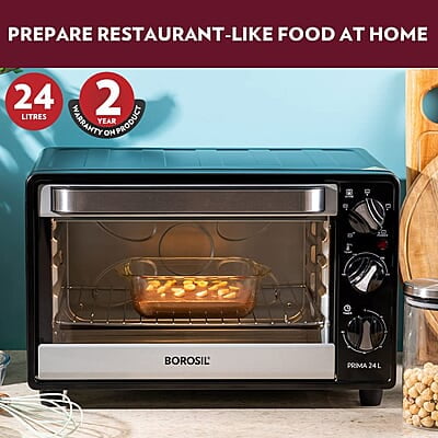 Borosil Prima 24 L Oven Toaster & Grill, Motorised Rotisserie & Convection Heating, 5 Heating Modes, Black