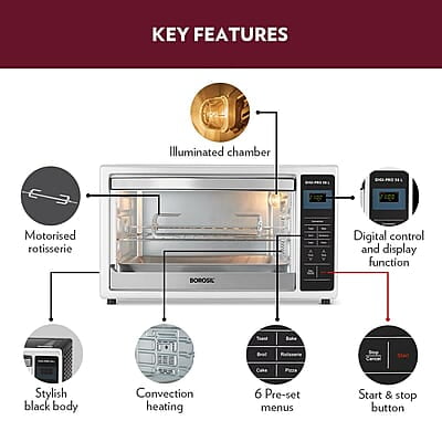 Borosil DigiPro 38 L Digital Oven Toaster & Grill, Convection Mode, 6 Pre-set Menus, Temperature Control, Chrome Borosil DigiPro 38 L Digital Oven Toaster & Grill, Convection Mode, 6 Pre-set Menus, Temperature Control, Chrome