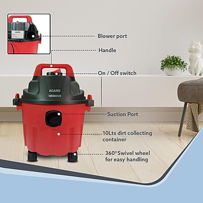 AGARO Rapid Vacuum Cleaner, 1000W, Wet & Dry 10L Tank Capacity, 16.5 kPa Suction Power