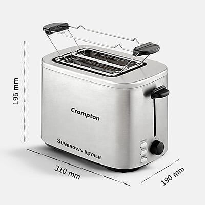 Crompton SunBrown Royale Pop-up Toaster 800W with Bun Warming Rack  7 Browning Levels with Reheat, Defrost & Cancel Function