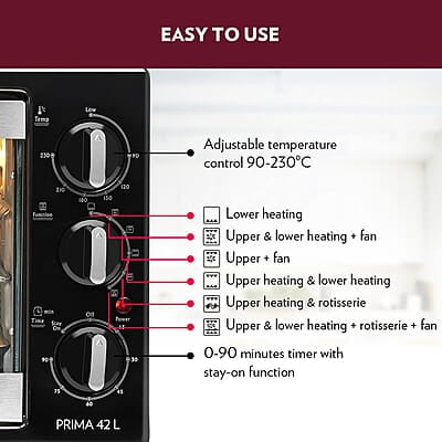 Borosil Prima 42 L Oven Toaster & Grill, Motorised Rotisserie & Convection Heating, 6 Heating Modes, Silver Top & Chrome Front Borosil Prima 42 L Oven Toaster & Grill, Motorised Rotisserie & Convection Heating, 6 Heating Modes, Silver Top & Chrome Front