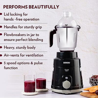 Borosil Grande 1000 W Mixer Grinder, With Double Ball Bearings, 4 Jars (3 SS Jars (1.5 L Blending Jar, 1.2 L Dry/Wet Grinder, 400 ml Chutney Jar) & 1 PC Jar with Fruit Filter) Mixie For Kitchen Borosil Grande 1000 W Mixer Grinder, With Double Ball Bearings, 4 Jars (3 SS Jars (1.5 L Blending Jar, 1.2 L Dry/Wet Grinder, 400 ml Chutney Jar) & 1 PC Jar with Fruit Filter) Mixie For Kitchen