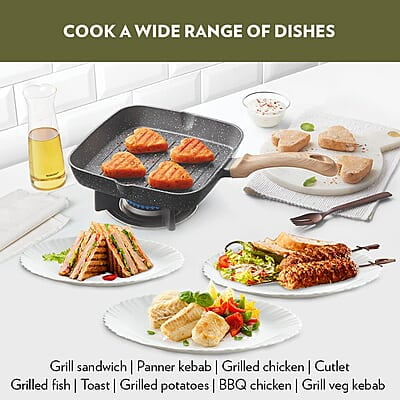 Borosil Vajra Die-Cast Non-Stick Aluminium Square Grill Fry Pan, Frying Pan with Ridges, Black with Wood-Finish Handles, 240 mm Wide, 5 mm Thick