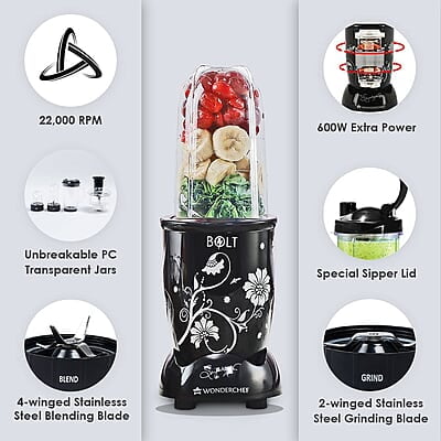 Wonderchef Nutri-blend BOLT Food Processor & Atta Kneader 600W 22000 RPM 4 unbreakable jars Black Wonderchef Nutri-blend BOLT Food Processor & Atta Kneader 600W 22000 RPM 4 unbreakable jars Black