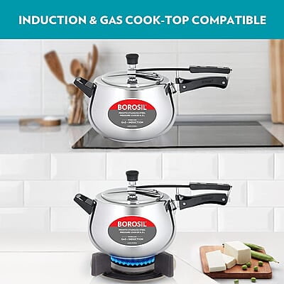 Borosil Pronto Induction Base Inner Lid Stainless Steel Pressure Cooker, 6.8 mm Thick Base, 6.5 L Borosil Pronto Induction Base Inner Lid Stainless Steel Pressure Cooker, 6.8 mm Thick Base, 6.5 L