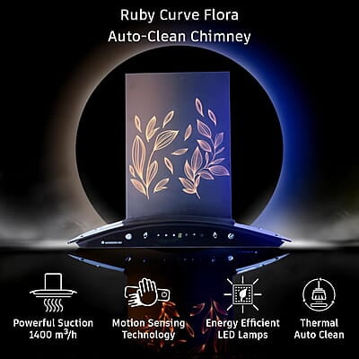 Wonderchef Ruby Curve Flora 90 cm Auto Clean Wall Mounted Chimney (Black 1200 CMH) Wonderchef Ruby Curve Flora 90 cm Auto Clean Wall Mounted Chimney (Black 1200 CMH)