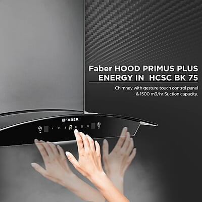 Faber 75 cm 1500 m³/hr Autoclean Curved Shape Kitchen Chimney HOOD PRIMUS PLUS ENERGY IN HCSC BK 75 with SS Baffle Filter Faber 75 cm 1500 m³/hr Autoclean Curved Shape Kitchen Chimney HOOD PRIMUS PLUS ENERGY IN HCSC BK 75 with SS Baffle Filter