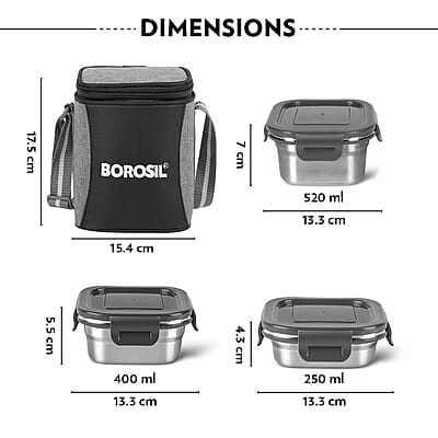 Borosil Feast Stainless Steel Lunch Box with Bag | Set of 3 (520 ml x 1 + 400 ml x 1 + 250 ml x 1), Square Borosil Feast Stainless Steel Lunch Box with Bag | Set of 3 (520 ml x 1 + 400 ml x 1 + 250 ml x 1), Square