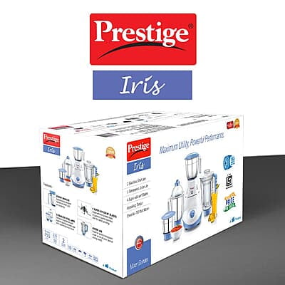 Prestige Iris 750 Watt Mixer Grinder with 3 Stainless Steel Jar + 1 Juicer Jar Prestige Iris 750 Watt Mixer Grinder with 3 Stainless Steel Jar + 1 Juicer Jar